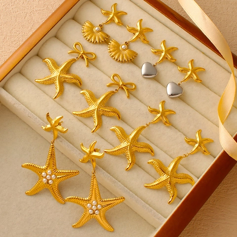 Marine Series Stainless Steel Starfish Shell Heart Dangle Earrings Gold Plated Faux Artificial Pearl Zirconia Drop Earrings For Women Beach Jewelry