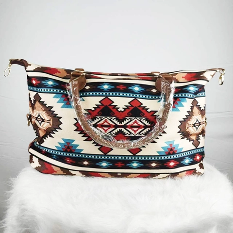 Large Capacity Travel Weekender Bag Canvas PU Leather Aztec Cow Print Overnight Duffel Tote For Women