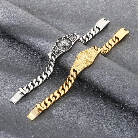 Bracciale Testa Di Lupo Uomo Retro Punk Placca Rotonda Acciaio Inossidabile Catena Cubana Gioielli Biker