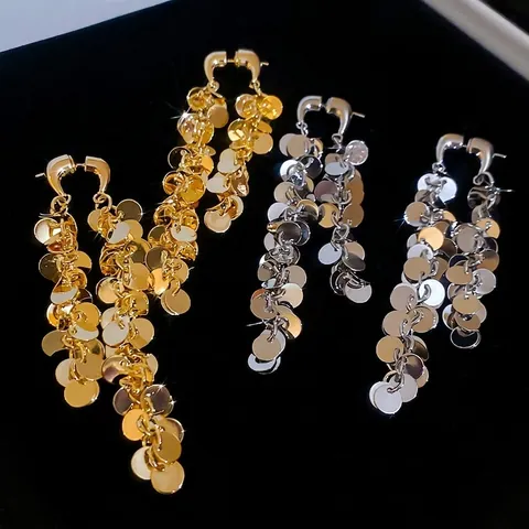 Lange Quasten Pailletten Scheiben Tropfenohrringe Echt Vergoldetes Kupfer Mit Silver Earring Post Elegant Nische Damen