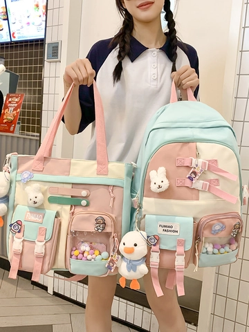 Sac À Dos Scolaire Et Fourre-Tout En Nylon Kawaii Bloc De Couleur Grande Capacité Poches Multiples Pour Filles Adolescentes