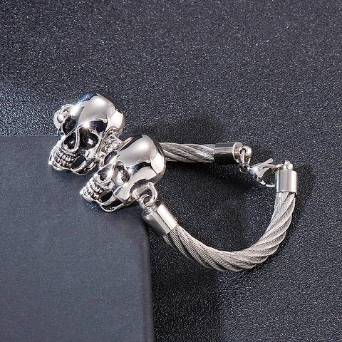Men Stainless Steel Bracelet Punk Double Skull Head Steel Wire Cable Chain Gothic Retro Biker Jewelry For Him