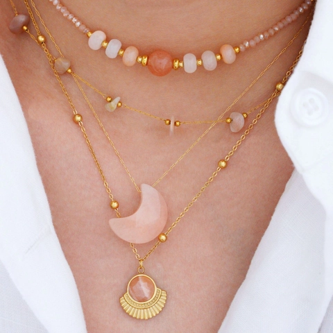 Collier Pendentif en Pierre Naturelle Bohème pour Femme Acier Inoxydable Plaqué Or 14K Lune Éventail Bijoux