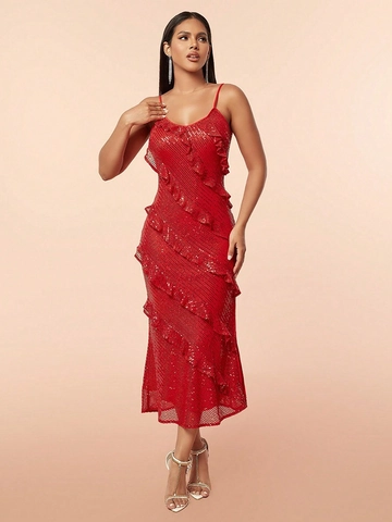 Damen Rotes Paillettenkleid Gestuftes Rüschen Spaghettiträger Hoher Schlitz Sexy Elegantes Abendparty Kleid