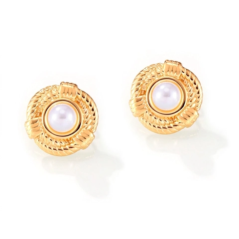 Retro Titanium Steel Round Stud Earrings With Artificial Pearl Inlay Twisted Rope Texture Gold Silver Earrings For Women Fashion Jewelry