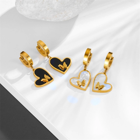 Hart Vlinder Hoop Oorbellen Titanium Staal Schelp Inleg Goud Verguld Elegante Sieraden Voor Vrouwen Mode