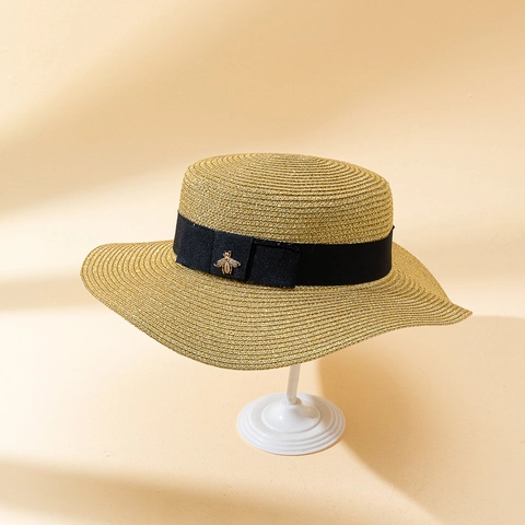 Vintage Gouden Boater Hoed Met Bijen Decor Dames Stro Zonbescherming Brede Rand Strand Vakantie Opvouwbaar Platte Hoed
