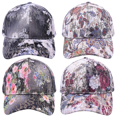 Cappello Da Baseball Con Stampa Floreale Cotone Luccicante Paillettes Vintage Protezione Solare Regolabile Per Donna