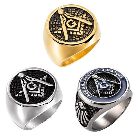 Anillo De Sello Masónico Acero Inoxidable Símbolo Masonería Esmalte Azul Vintage Retro Punk Estilo Para Hombres