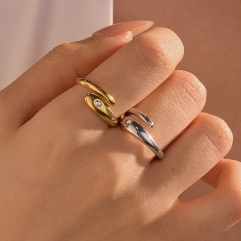Anello Aperto Geometrico In Acciaio Inossidabile Forma A Serpente Con Strass Elegante Gioiello Regolabile Per Donna Regalo Di Festa