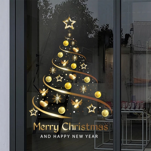 Kerst Venstersticker PVC Statisch Herbruikbaar Zonder Lijm Glazen Deur Winkel Huis Goud Boom Decoratie