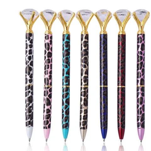 Leopard Print Ballpoint Pen Metal Large Crystal Diamond Top Luxury Twist Action Stationery Writing Office School Gift