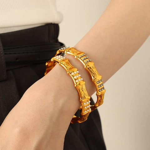 Stainless Steel Bamboo Joint Cuff Bracelet For Women Elegant Gold Plated C-Shaped Bangle With Rhinestone Artificial Pearl Inlay Jewelry