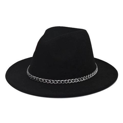Cappello Fedora A Tesa Larga Feltro Di Lana Catena In Metallo Argentato Jazz Unisex Accessorio Di Moda