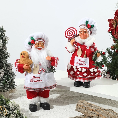 Christmas Chef Santa Claus And Mrs Claus Figurines Red White Plaid Fabric Desktop Ornaments Kitchen Hotel Restaurant Decor