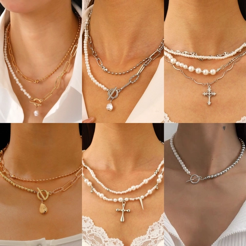 Vintage Multi Layered Pearl Necklace For Women Gold Silver Alloy OT Buckle Cross Heart Pendant Punk Chain Choker Jewelry