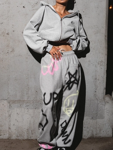 Completo Da Donna In Cotone Con Cappuccio E Zip E Pantaloni Stampa Graffiti Lettere Streetwear Grigio