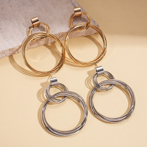 Multi Layer Geometric Round Hoop Earrings With Steel Earring Post Metallic Fashion Jewelry For Women