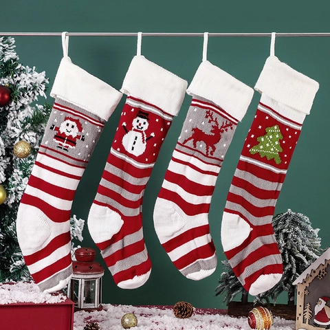 Knitted Christmas Stockings Gift Bags Holiday Hanging Decor Santa Snowman Reindeer Christmas Tree Pattern