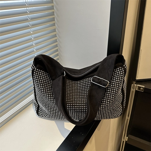 Women Fashion Sparkly Rhinestone Shoulder Bag Nylon Large Capacity Tote Bag Adjustable Wide Strap Crossbody Purse For Ladies