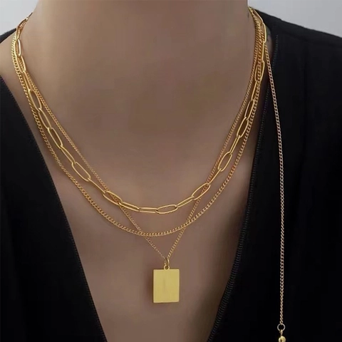 Collana A Strati Acciaio Inossidabile Placcato Oro Pendente Rettangolare Lettera L Vintage Catene Multiple Da Donna Gioielli