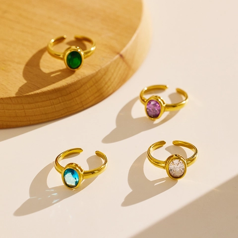 Ovaler Zirkonia Edelstahl Ring Verstellbares Offenes Band Vintage Ästhetik Vergoldeter Schmuck Für Frauen