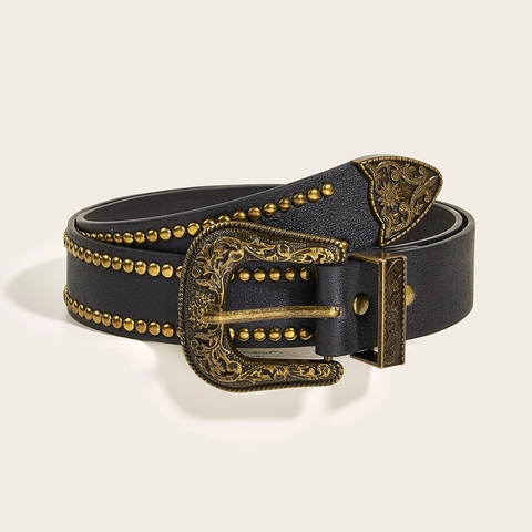 Cinturón Punk Vintage Western Cowboy Cuero Artificial Hebilla Aleación Grabado Floral Remaches Cuadrados Unisex Cinturón Vaquero