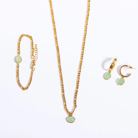Collana In Pietra Naturale Avventurina Verde Catena Figaro Retrò Placcato Oro 18K Acciaio Inossidabile Pendente Ovale Gioielli