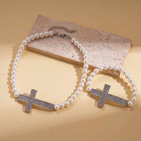 Collana Di Künstliche Perle Barocche Con Ciondolo A Croce In Strass Gioielli Vintage In Lega Per Donna