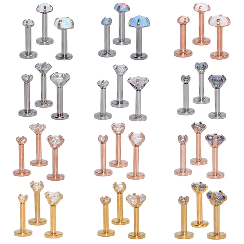 Stainless Steel Internally Threaded Labret Stud Lip Ring Prong Set Zircon Synthetic Opal Flat Back Earring Piercing Jewelry