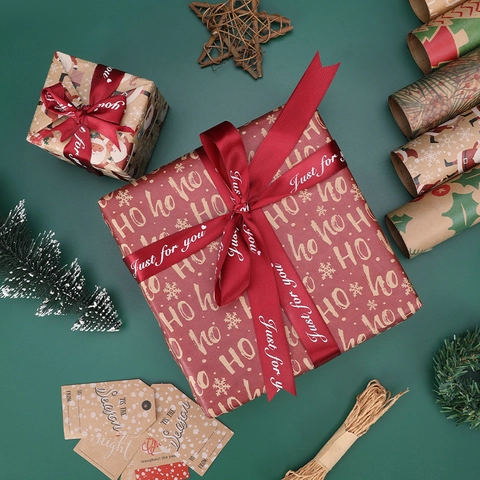 Christmas Gift Wrapping Paper Kraft Recyclable Snowflake Reindeer Star Polka Dot Holiday Birthday Packaging