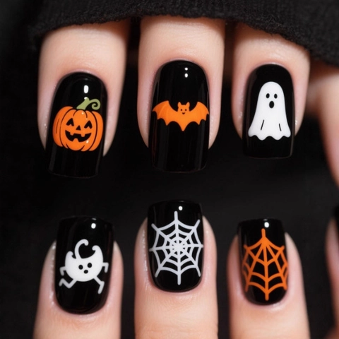 Halloween Press On Nails Short Square Glossy ABS Black Pumpkin Ghost Bat Spider Web Pattern Novelty