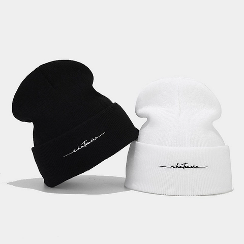 Whatever Letter Embroidery Beanie Hat Acrylic Cuffed Knit Cap Winter Warm Outdoor Streetwear For Men Women