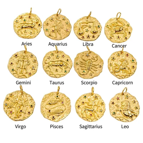 Colgantes De Signos Del Zodíaco Acero Inoxidable Chapado En Oro Martillado Moneda Irregular Circonita Colorida Estilo Retro