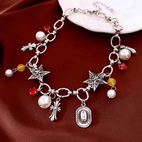 Collana Con Pendente A Croce E Stella Con Nappine In Lega D Argento Vintage Con Künstliche Perle Sintetiche Künstliche Perle Di Vetro Stile Punk