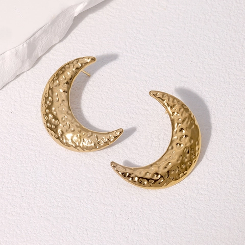 Orecchini A Mezzaluna Texture Martellata Acciaio Inossidabile Placcato Oro 18K Gioielli Stile Francese Per Donna