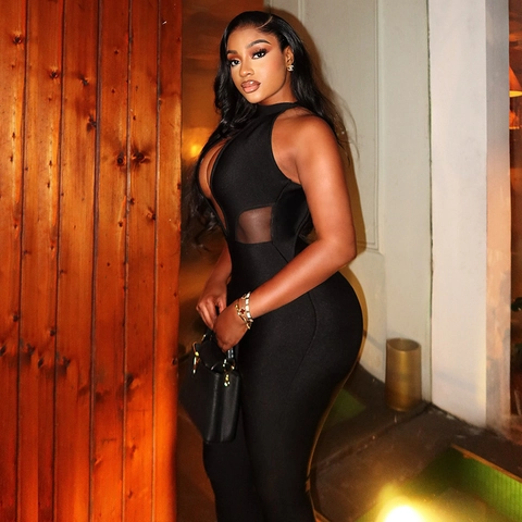 Sexy Cut Out Halter Jumpsuit For Women Backless Mesh Patchwork Slim Fit Chic Streetwear Black Polyester Long Jumpsuit