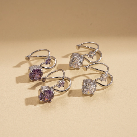 Geometric Double Layer Ear Cuffs Copper Zirconia Purple Clear Non Piercing Clip Earrings For Women Steel Earring Post
