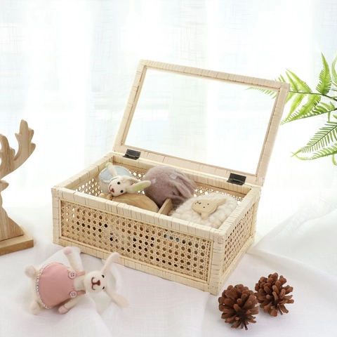 Handmade Woven Storage Basket Box With Transparent Glass Lid Dustproof Desktop Organizer Decorative Home Container