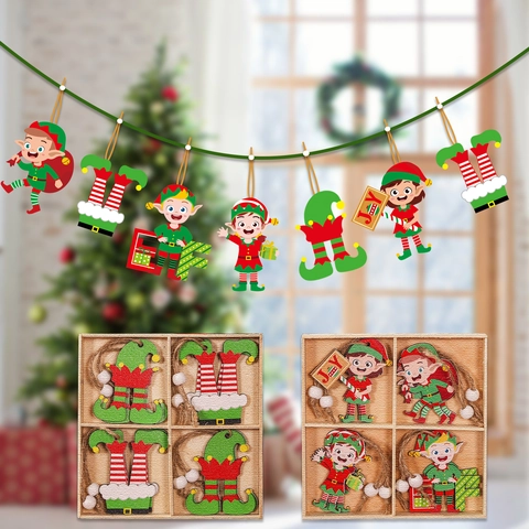 Christmas Tree Ornaments Wooden Elf Jester Hanging Pendants For Holiday Party Home Decor With Storage Box And Rope