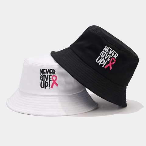 Never Give Up Letter Embroidery Bucket Hat Cotton Pink Ribbon Awareness Sunshade Outdoor Casual Sun Hat