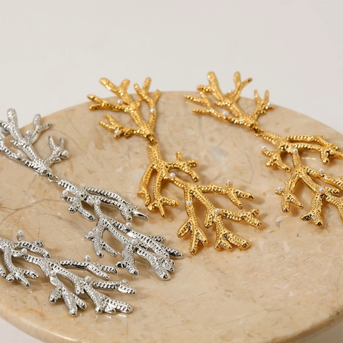 Orecchini Pendenti A Ramo Di Corallo In Acciaio Inossidabile Con Perla Artificial Bianca Stile Oceano Vintage Per Donna