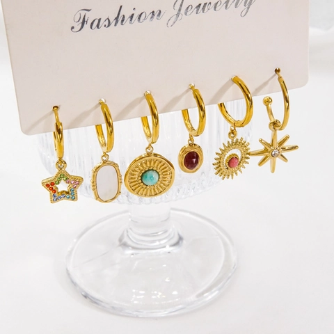 Stainless Steel Hoop Earrings With Natural Stone Enamel Zircon Pendants Bohemian Ins Style For Women Lightweight Luxury