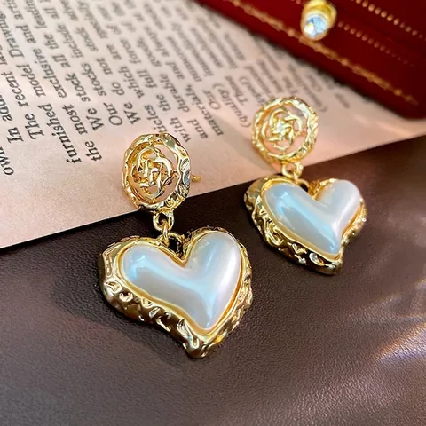 Pendientes Colgantes De Corazón Con Flor Calada Y Poste De Plata De Ley 925 Cobre Perla Artificial Joyería Vintage