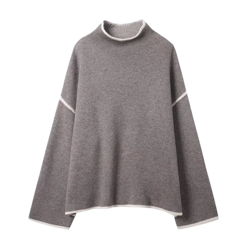 Damen Strickpullover Und Midirock Mit Kontrastbesatz Gerippt Langarm Überschnittene Schulter Streetwear Outfit