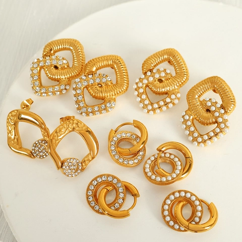 Geometric Titanium Steel Gold Plated Stud Earrings With Artificial Pearl Rhinestone Personalized Fashion Jewelry For Women
