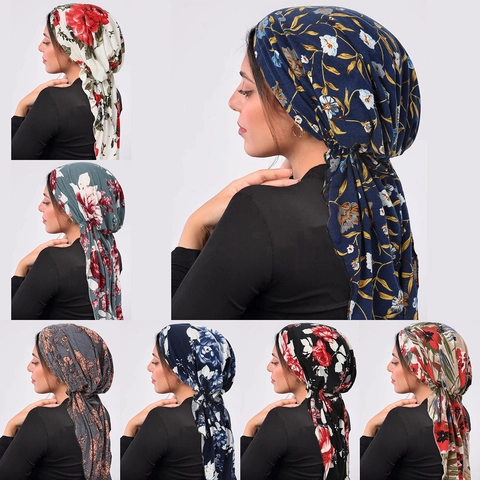 Damen Floral Print Turban Hut Langem Schwanz Kopftuch Weiche Polyester Kopfbedeckung Für Den Täglichen Gebrauch Casual Head Wrap
