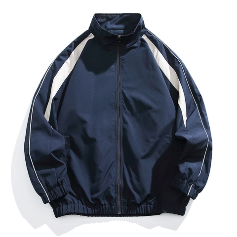 Men Stand Collar Jacket Zip Up Windbreaker Contrast Color Stripe Casual Sports Outerwear Loose Fit Lightweight
