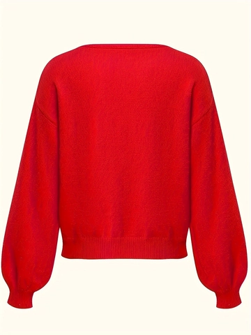 Suéter De Punto Para Mujer Cuello En V Color Sólido Manga Larga Suelto Casual Pullover Puños Acanalados Mezcla De Poliéster Top