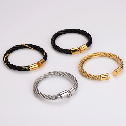 Twisted Wire Cable Bangle 304 Stainless Steel Open Cuff Bracelet Hip Hop Fashion Jewelry Unisex Electroplated